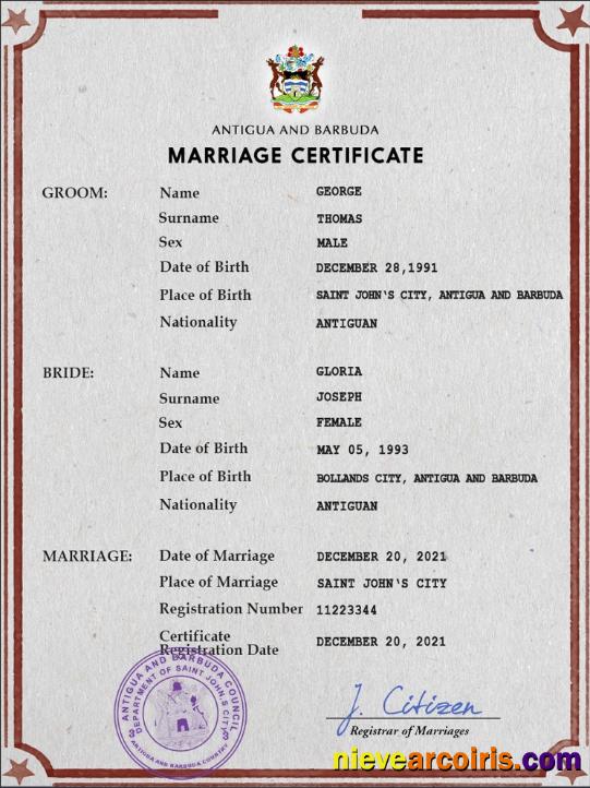 Antigua and Barbuda marriage certificate